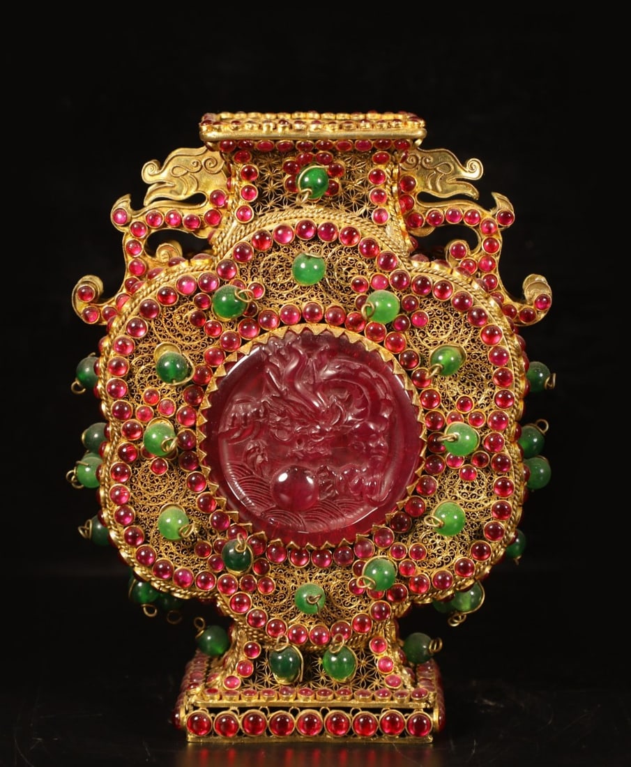 An Exquisite Flower silk gold-plated Inlaid glaze Dragon and Phoenix Pattern Double-Ears Vase (1 of 9)