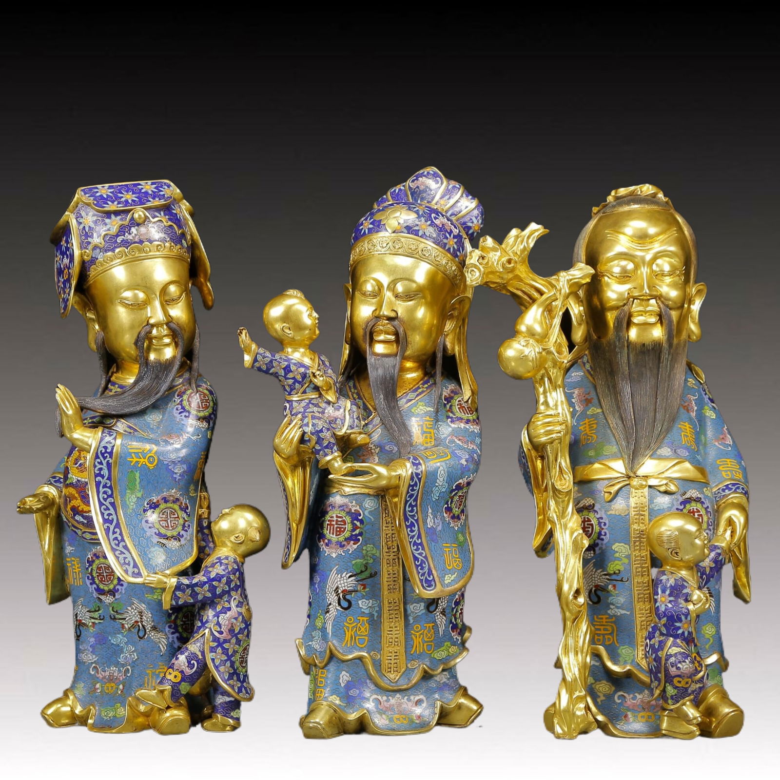 A Set of Huge Cloisonne Statue of Longevity Ornaments: A Set of Huge Cloisonne Statue of Longevity Ornaments,Qing Dynasty, China,Size:8.3inx6.3inx21.3in,Total Weight:37215g 一组景泰蓝寿星像摆件&#