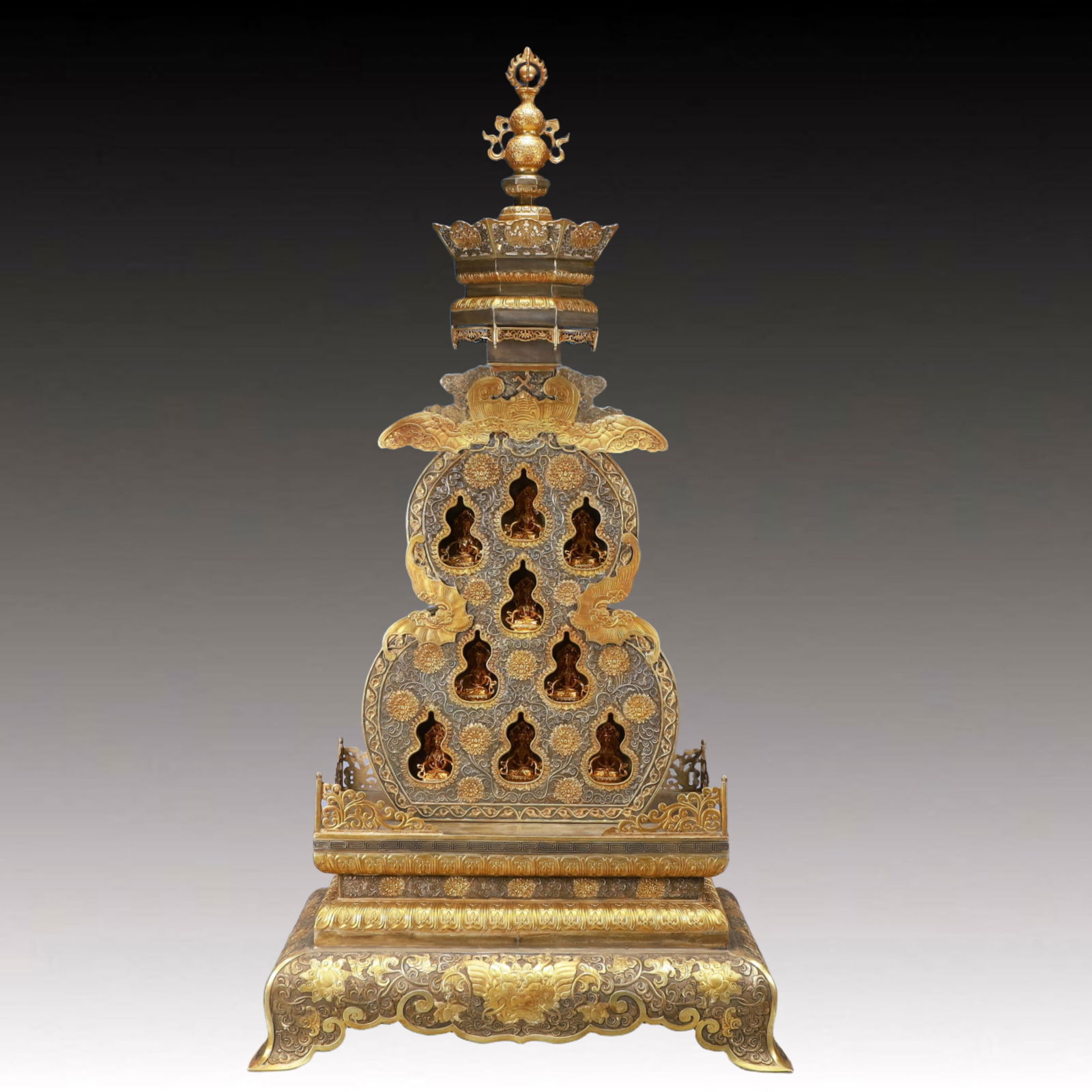 A Rare Gilt Silver Lotus and Eight Treasures Pattern Gourd-Shaped Niche (1 of 14)