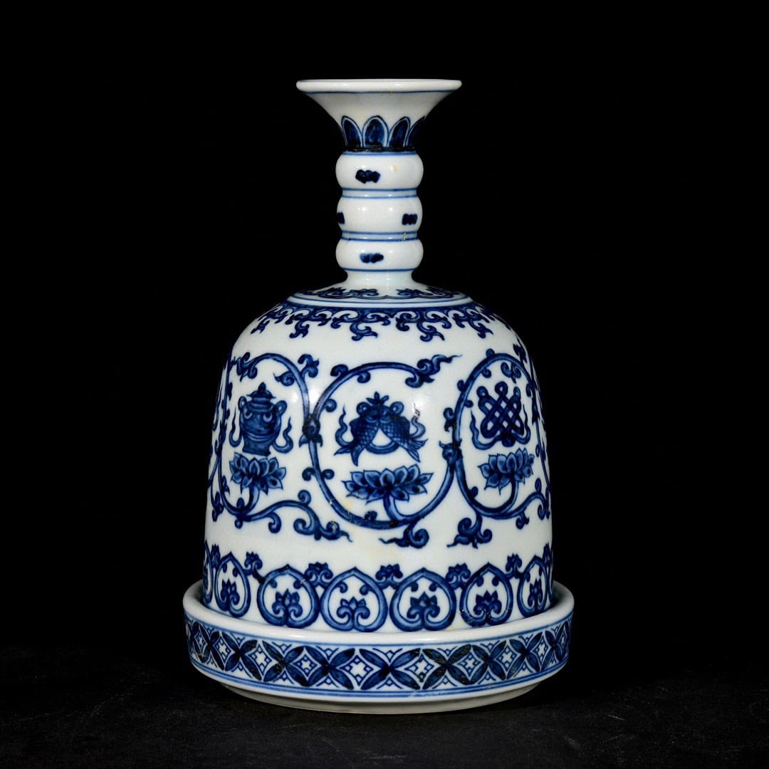An Exquisite Blue and White Lotus and Eight Treasures Pattern Vase,With Base: An Exquisite Blue and White Lotus and Eight Treasures Pattern Vase,With Base,Ming Dynasty, China,Xuande Six-character Mark,Size:7.9inx5.1in 