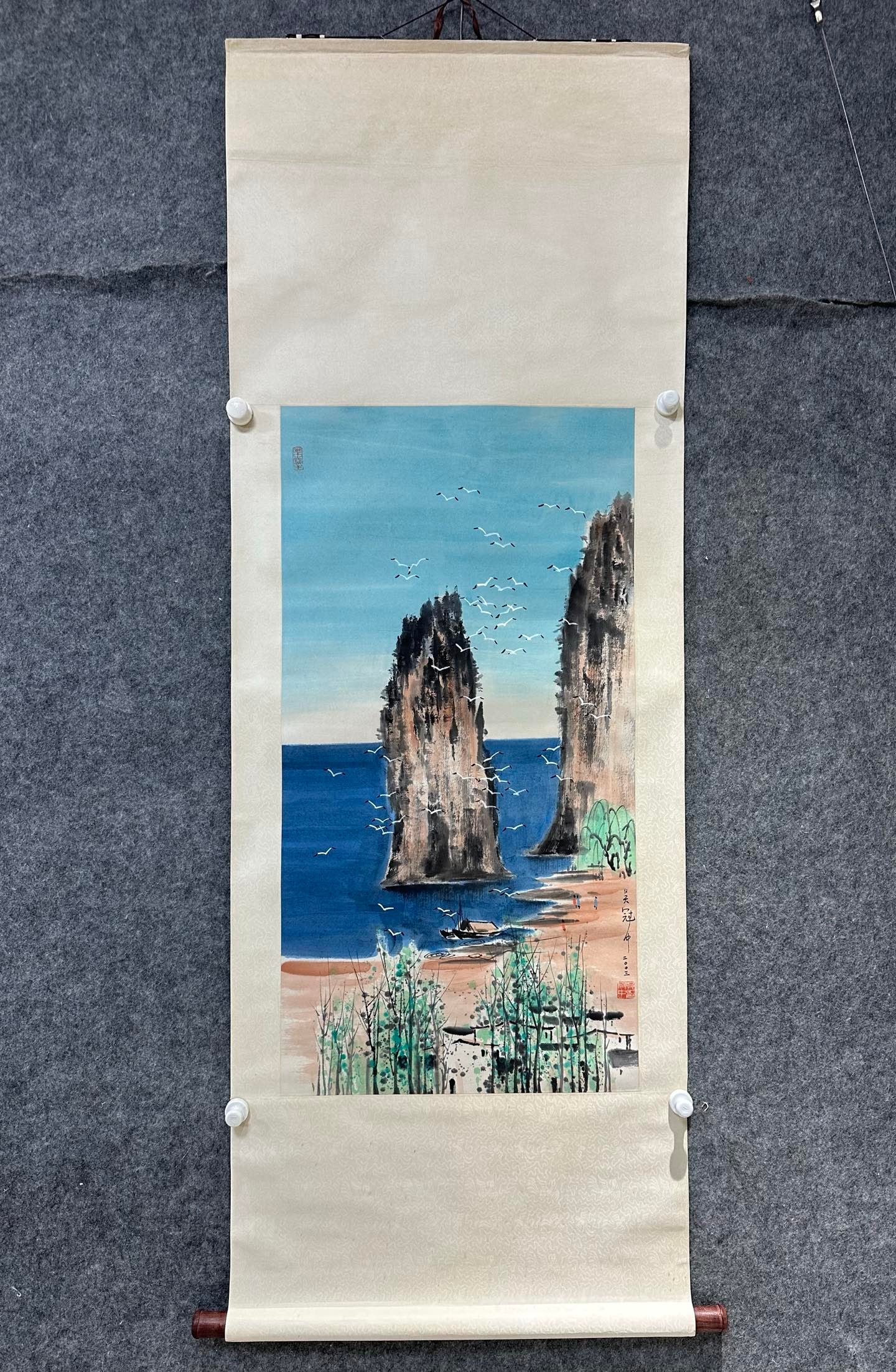 A Chinese Vertical Scroll Ink Painting of Landscape on Paper,Wu Guanzhong: A Chinese Vertical Scroll Ink Painting of Landscape on Paper,Wu Guanzhong,Size:(Without frame):20.1inx39in 一幅中国水墨山水画立轴,