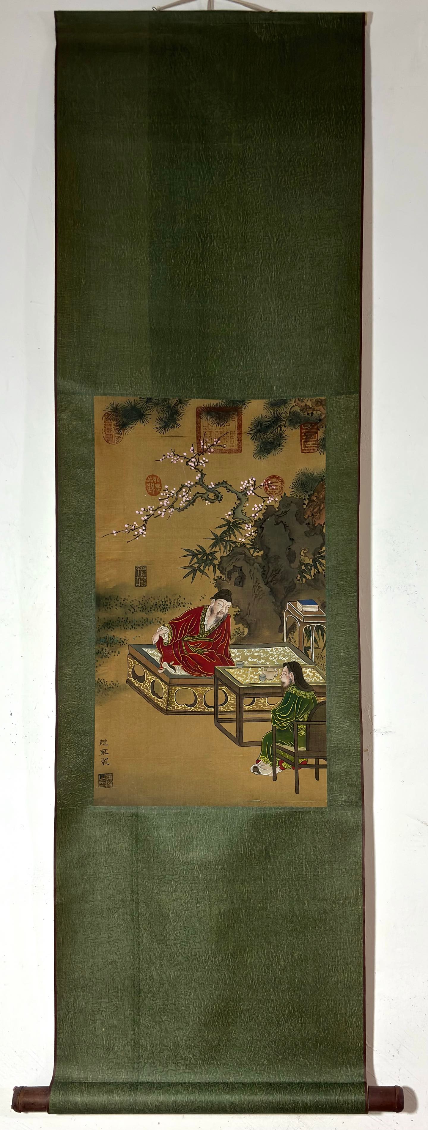 A Chinese Vertical Scroll Ink Painting of Character and Story on Silk,Zhao Yong: A Chinese Vertical Scroll Ink Painting of Character and Story on Silk,Zhao Yong,Size:(Without frame)22.8inx13in 一幅中国水墨绢本人物故