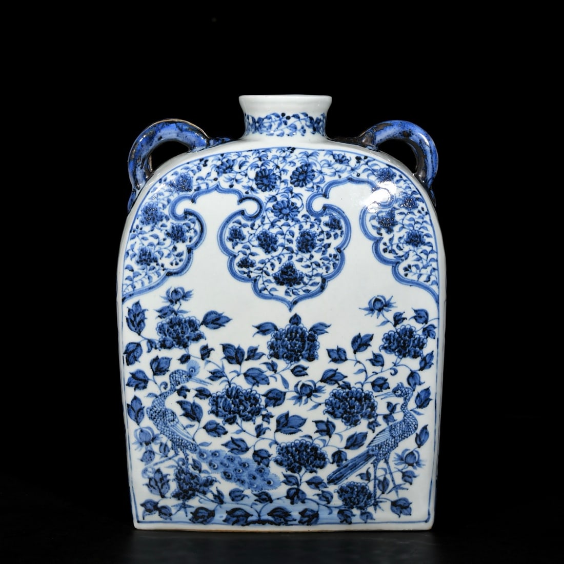 A Rare Blue and White Flower and Peacock Pattern Four Ears Vase: A Rare Blue and White Flower and Peacock Pattern Four Ears Vase,Yuan Dynasty, China,Size:15inx11.4in 青花花卉孔雀纹四耳瓶,中国&#