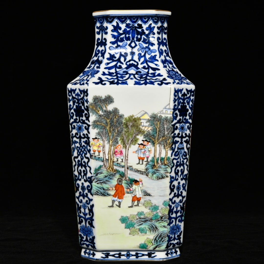 A Rare Blue and White Enamel Painted Gold Landscape and Figure Pattern Vase (1 of 9)
