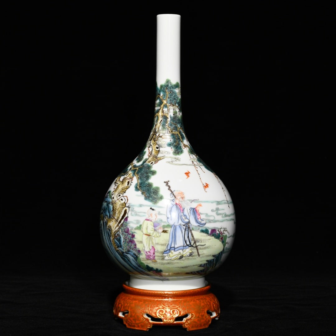 A Rare Iron-Red Glazed Famille-Rose Painted Gold Landscape and Figure Pattern Vase,With Base (1 of 9)