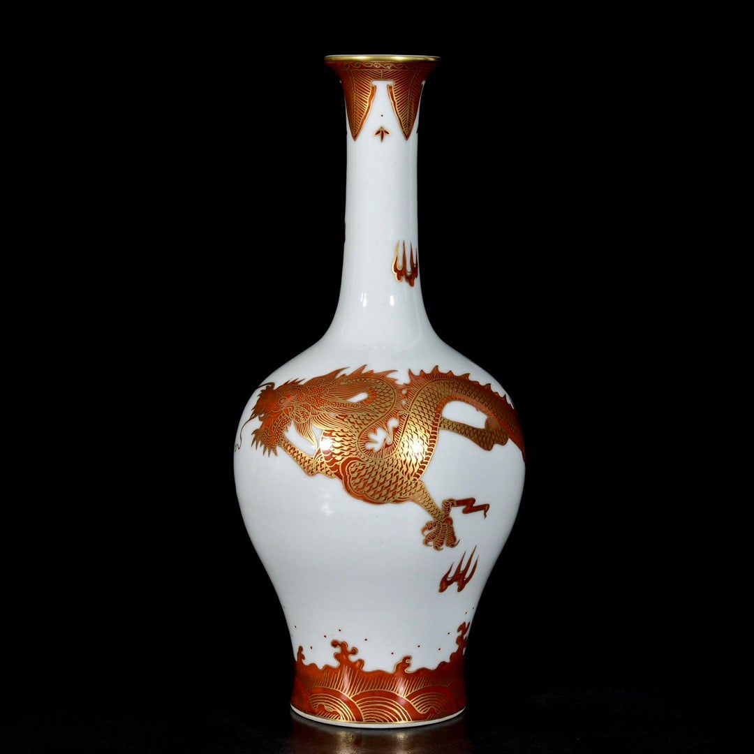 A Rare Iron-Red Glazed Painted Gold Seawater,Auspicious Cloud and Dragon Pattern Vase (1 of 9)
