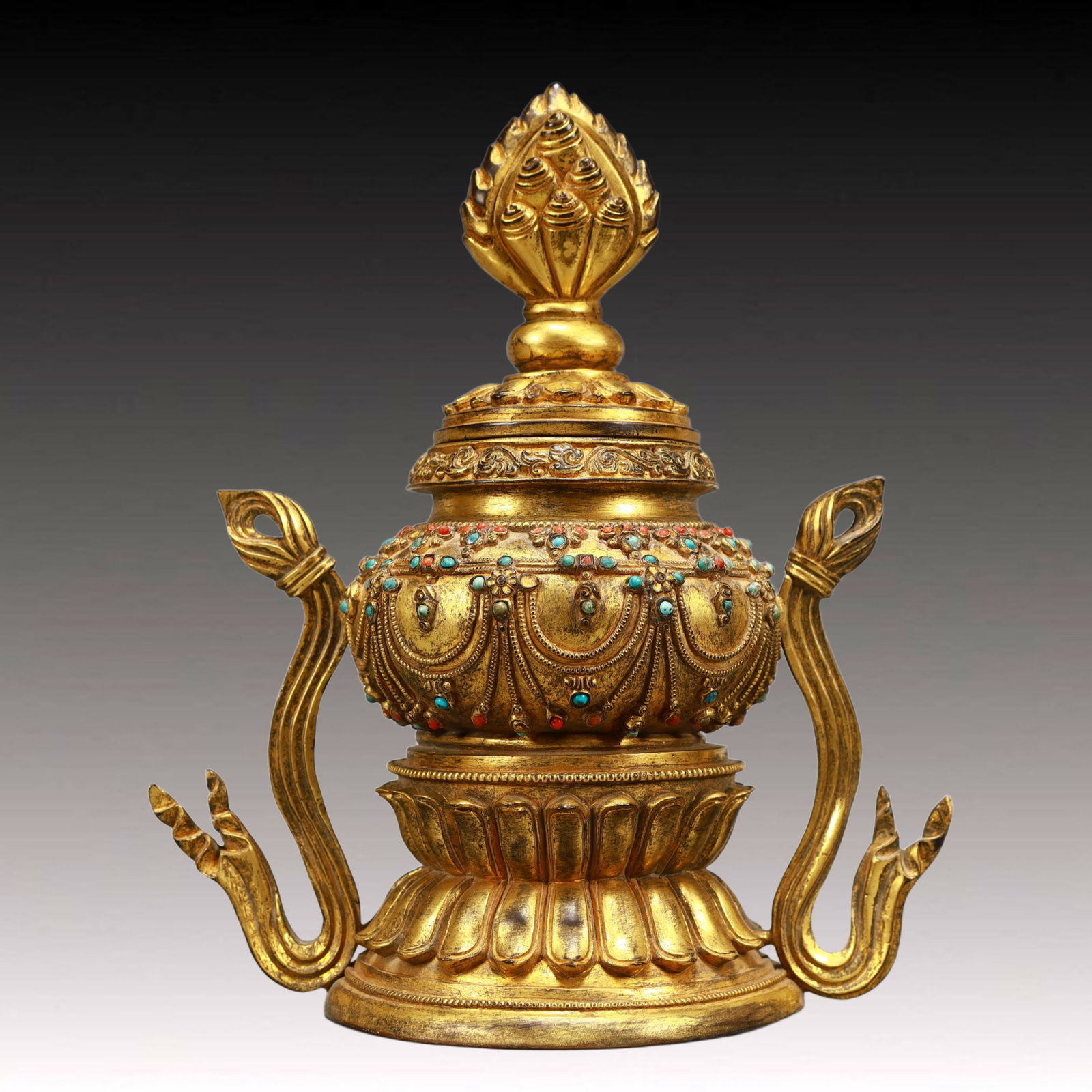 A Rare Gilt Bronze Double-Ears Pot,Inlaid Turquoise (1 of 10)