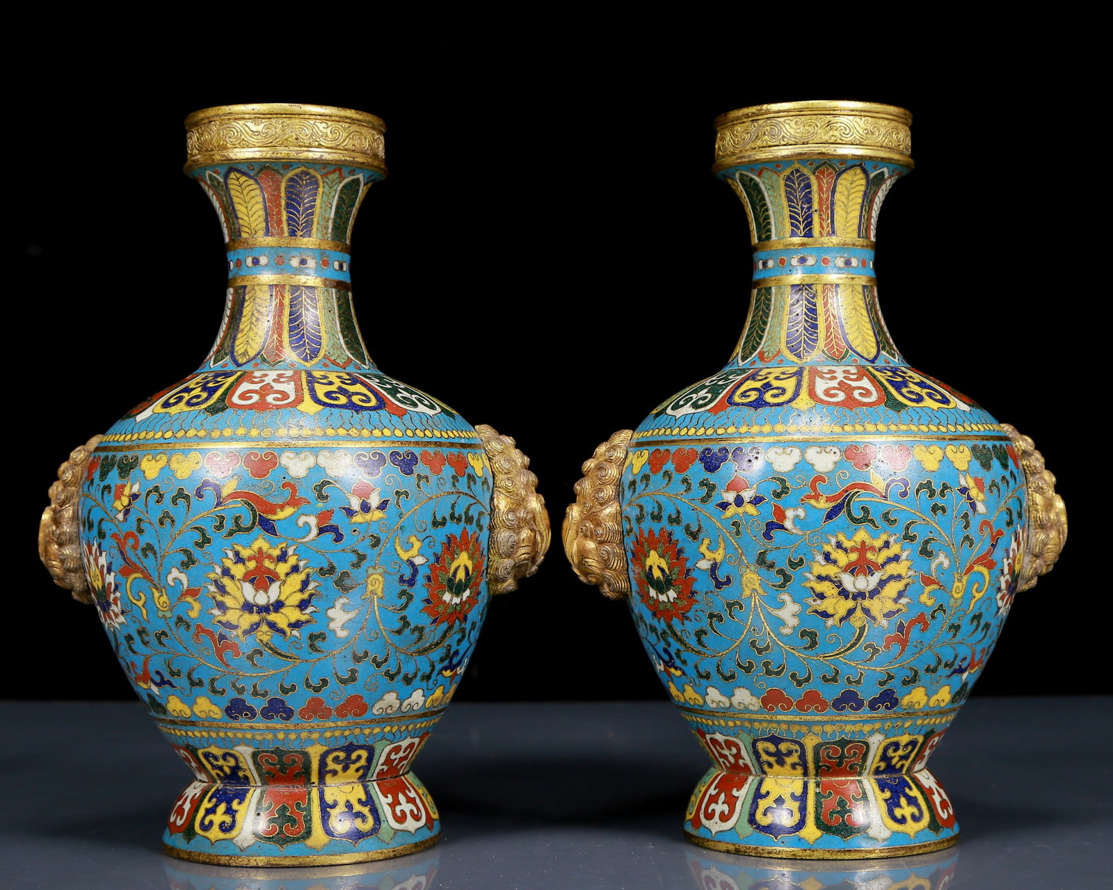 A Pair of Exquisite Cloisonne Lotus Pattern Beast-Ears Vases (1 of 8)