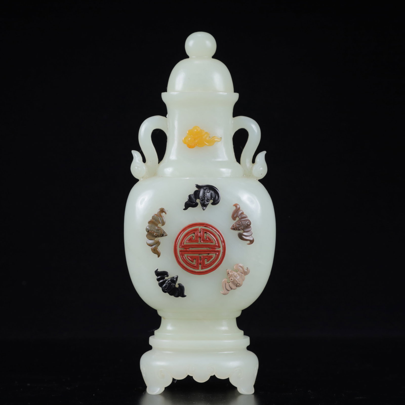 An Exquisite White Jade Inlaid Gems Auspicious Cloud Pattern Double-Ears Pot,with Base (1 of 14)
