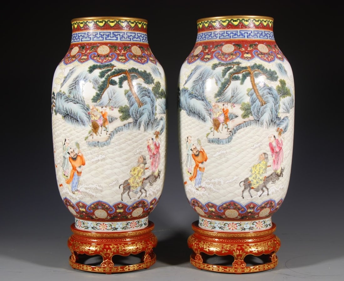 A Pair of Huge Enamel Painted Gold Landscape and Figure Pattern Vases,With Base (1 of 9)