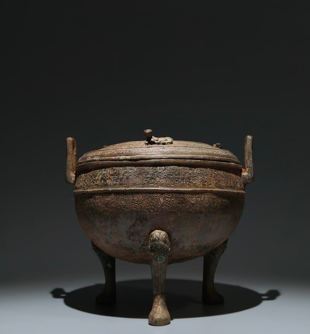 An Archaic Bronze Snake Pattern Double-Ears and Tripod Food Vessel,With Inscription: An Archaic Bronze Snake Pattern Double-Ears and Tripod Food Vessel,With Inscription,the Spring and Autumn in Period in China,Size:9.4inx10.6inx9.4in 