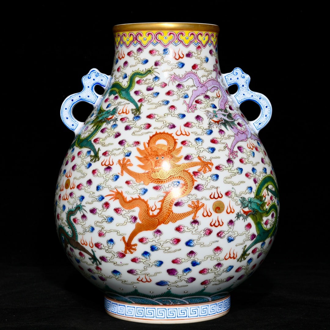 An Exquisite Famille-Rose Painted Gold Auspicious Cloud and Dragon Pattern Double-Ears Vase (1 of 9)