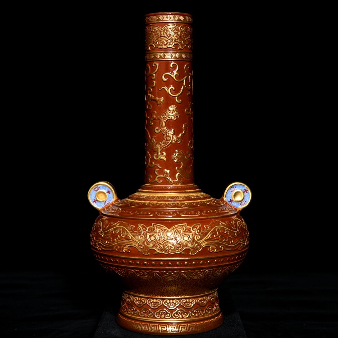 An Exquisite Iron-Red Glazed Gilt Beast-Face and Chi-Dragon Pattern? Double-Ears Vase (1 of 9)