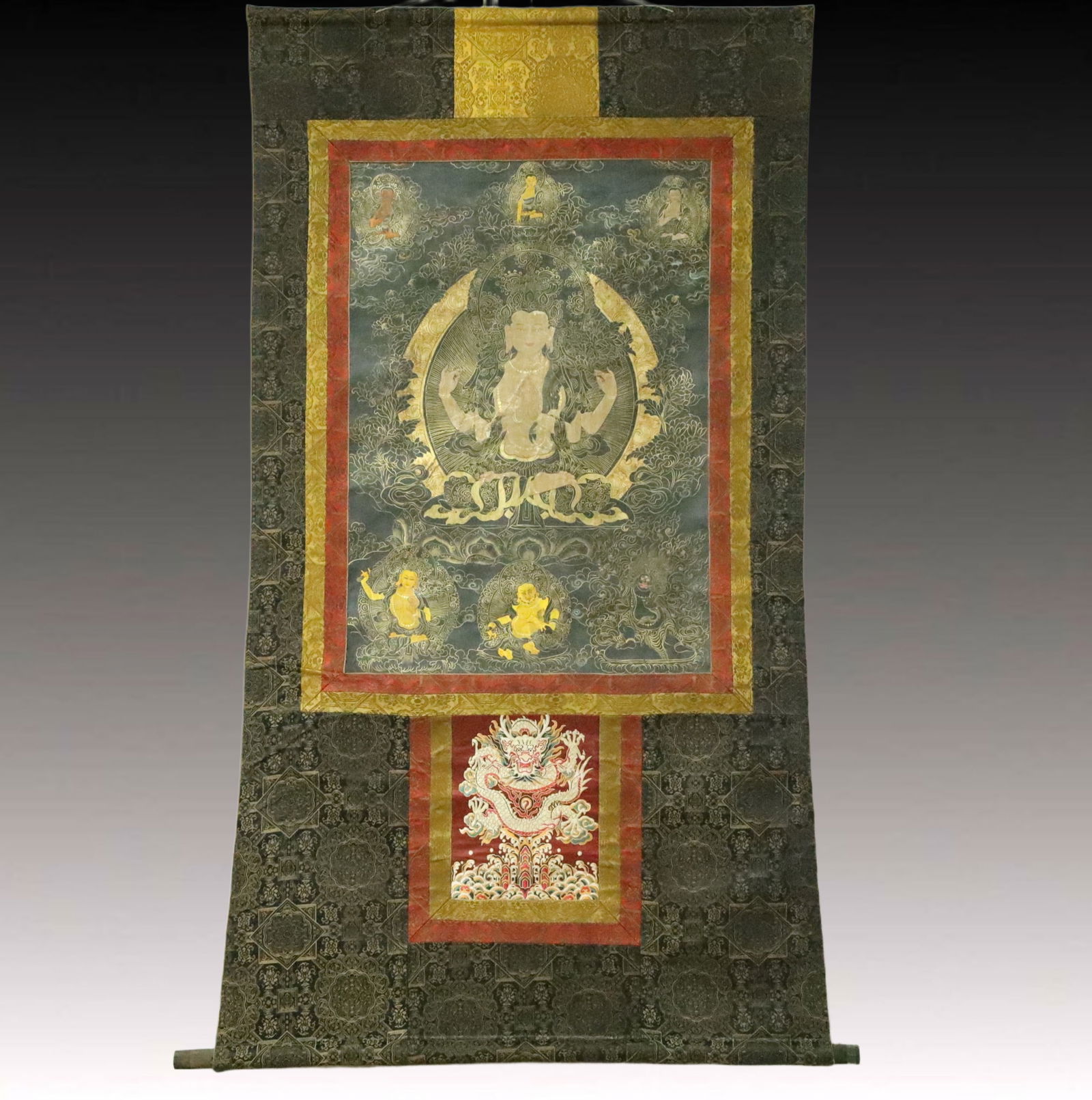 A Rare Brocade Painted Color Statue of Four-Armed Guanyin Tangka: A Rare Brocade Painted Color Statue of Four-Armed Guanyin Tangka,Qing Dynasty, China,Size:35.2inx61.8in 织锦彩绘四臂观音像唐卡,中