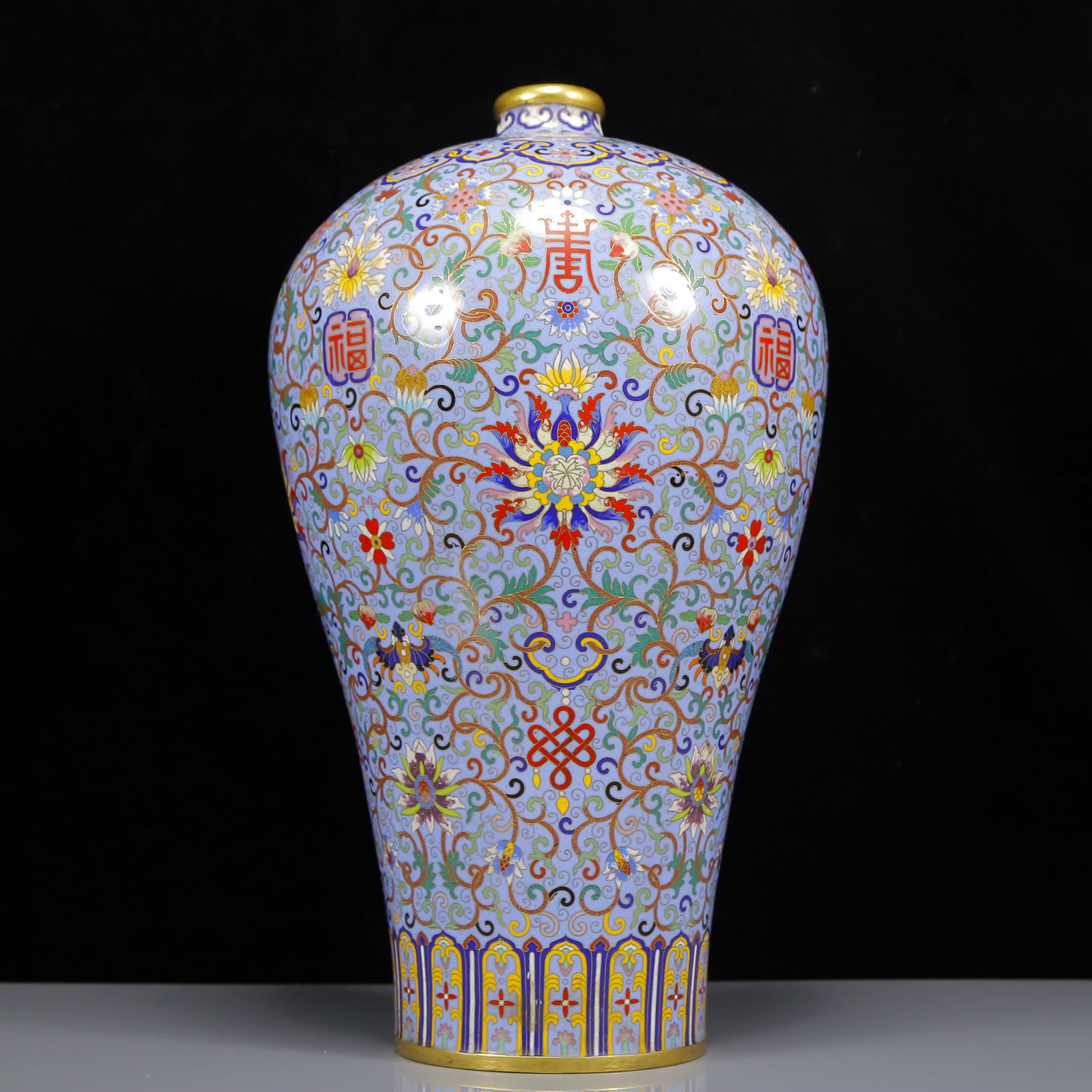 A Huge Cloisonne Lotus and Bats and Peach Pattern Vase: A Huge Cloisonne Lotus and Bats and Peach Pattern Vase,Qing Dynasty, China,Qianlong Four-character Mark,Size:9.1inx16.5in,Weight:7475g 景泰蓝缠枝莲福寿&