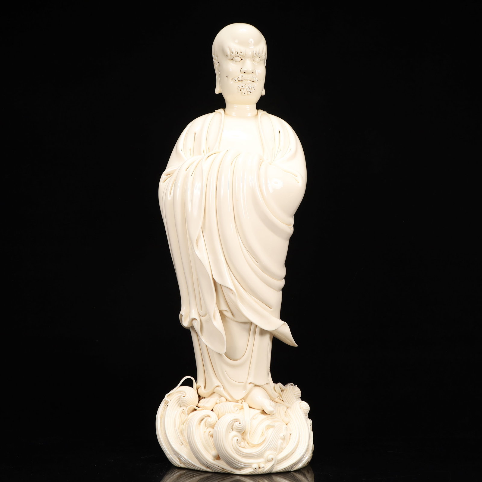 An Exquisite Blance-De-Chine Statue of Bodhidharma: An Exquisite Blance-De-Chine Statue of Bodhidharma, Qing Dynasty, China, With Mark, Size:9.1inx7.5inx27.6in, Weight:11950g 