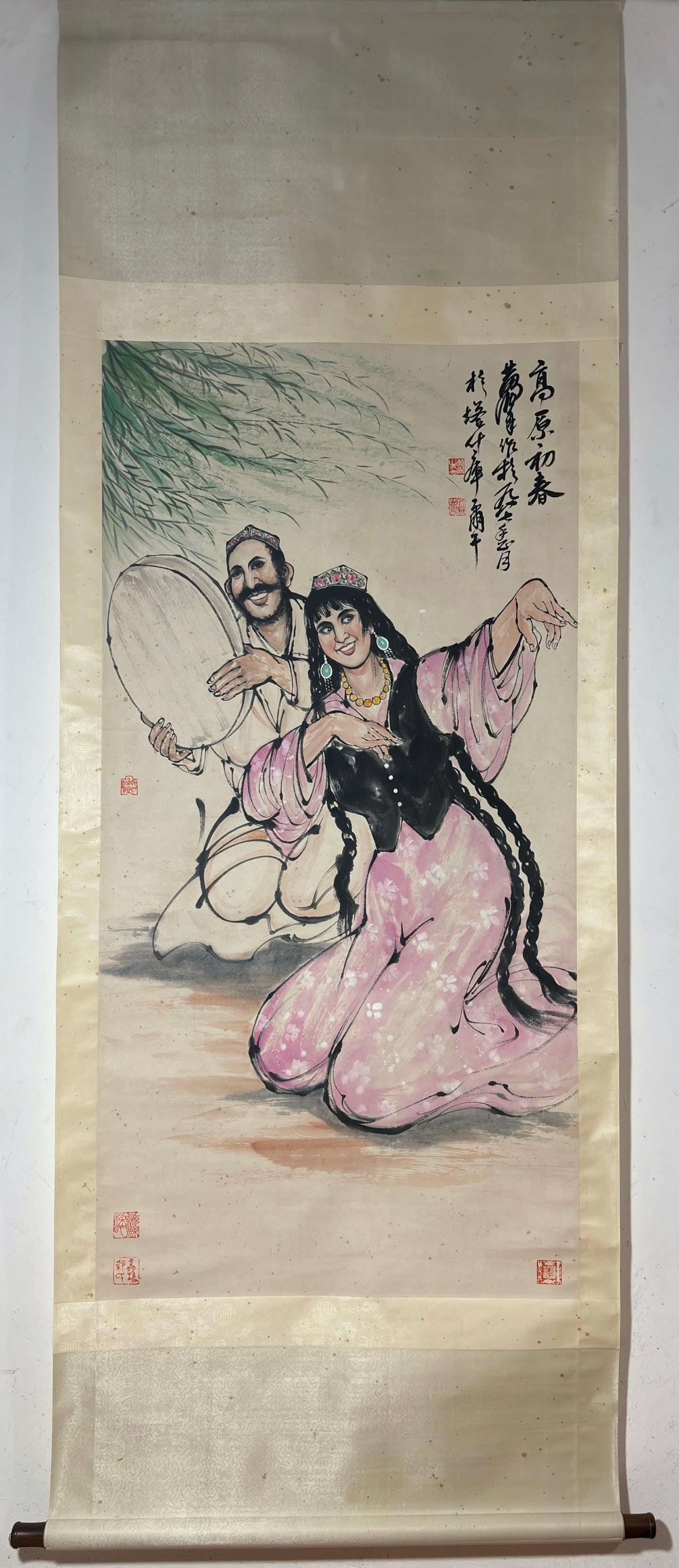 A Chinese Vertical Scroll Ink Painting of Figure on Paper,Huang Zhou: A Chinese Vertical Scroll Ink Painting of Figure on Paper,Huang Zhou,Size:(Without frame)53.7inx26.8in 