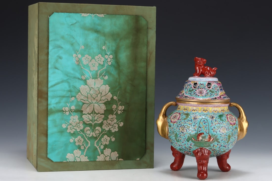 An Exquisite Enamel Turquoise Glazed Painted Gold Lotus and Auspicious Cloud Pattern Elephant-Ears: An Exquisite Enamel Turquoise Glazed Painted Gold Lotus and Auspicious Cloud Pattern Elephant-Ears Tripod Censer,Qing Dynasty, China,Yongzheng Four-character Mark,Size:9.6inx7.7in 珐琅