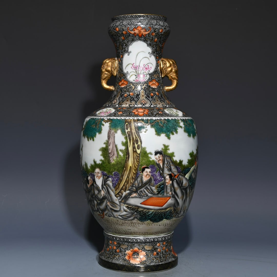 A Huge Ink Color Famille-Rose Painted Gold Character and Story Pattern Elephant-Ears Vase,With Poem (1 of 9)