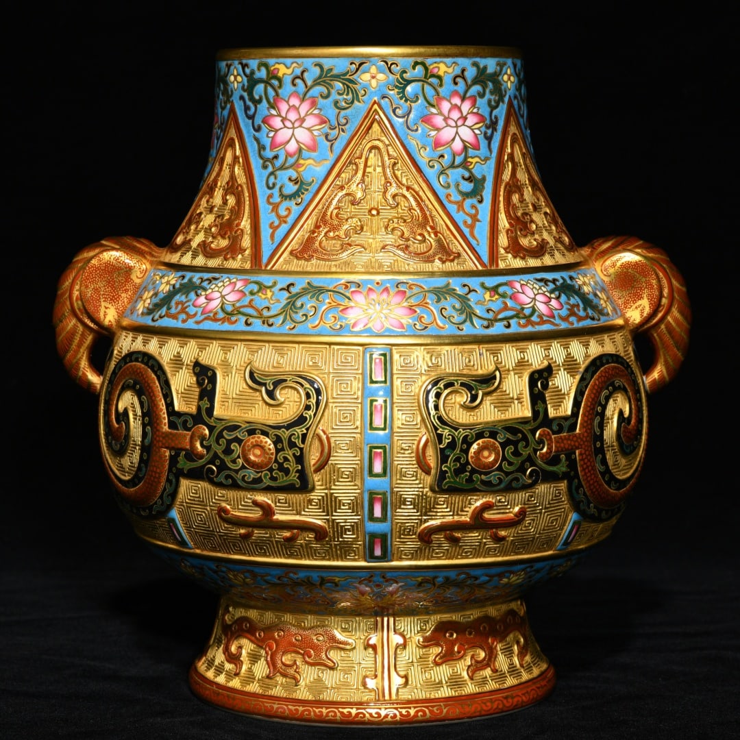 An Exquisite Blue Ground Famille-Rose Gilt Lotus and Dragon Pattern Elephant-Ears Vase (1 of 9)