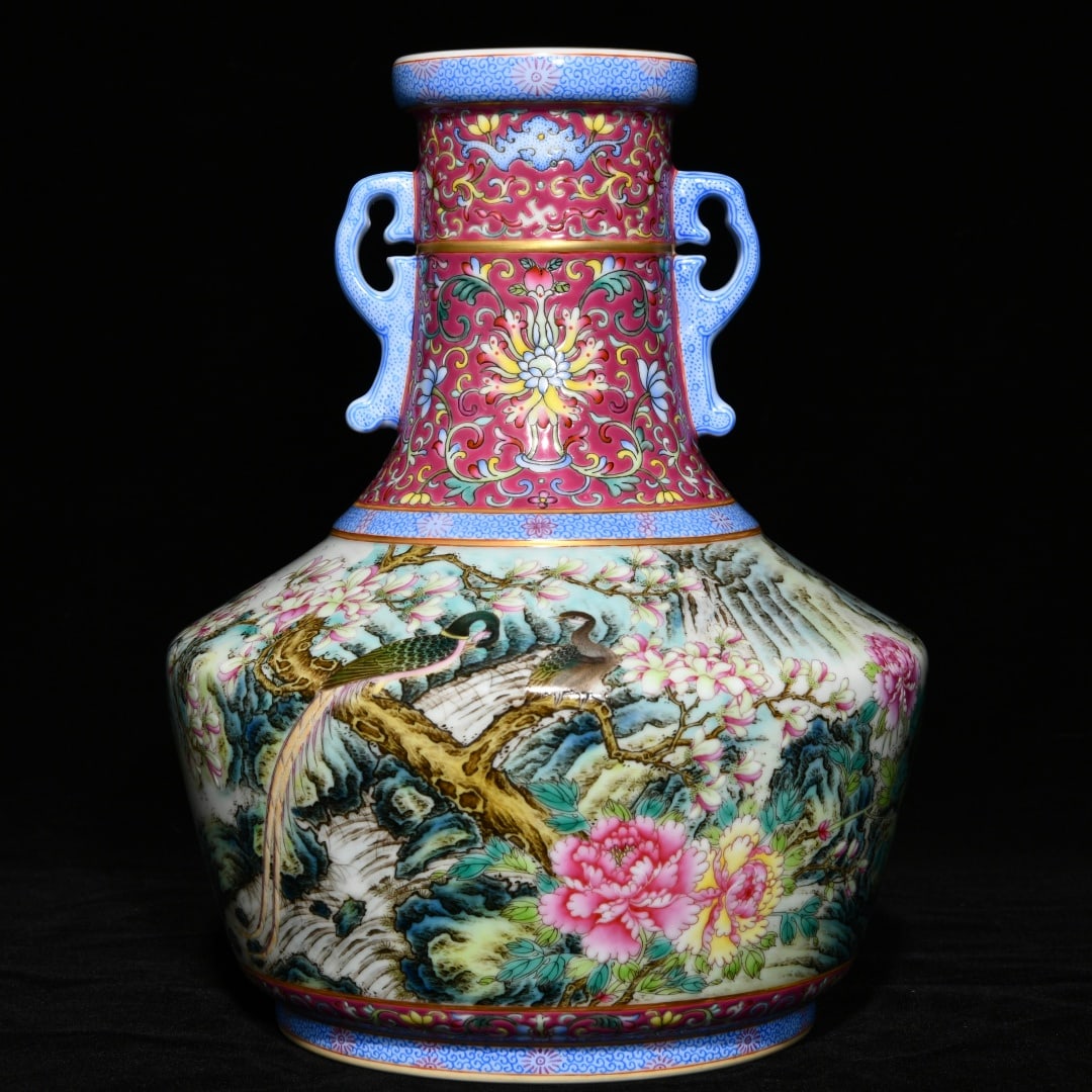 An Exquisite Famille-Rose Painted Gold Flower and Bird Pattern Double-Ears Vase,With Poem (1 of 9)
