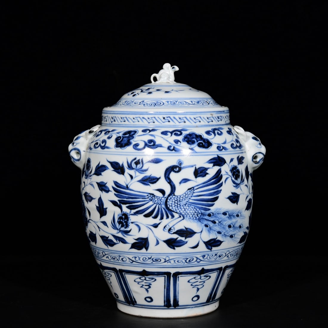 An Exquisite Blue and White Lotus and Peacock Pattern Beast-Ears Cover Jar (1 of 8)