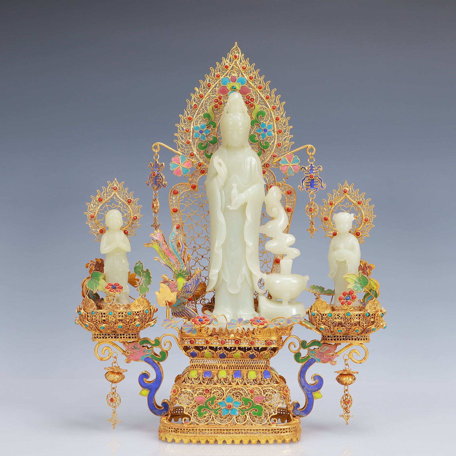 A Set of Fine Filigree and Gilding Inlaid White Jade Buddha Statues,Inlaid Gems: A Set of Fine Filigree and Gilding Inlaid White Jade Buddha Statues,Inlaid Gems,Qing Dynasty, China,Qianlong Four-Character Mark,Size:11inx2.8inx13.4in,(Box)17.7inx13inx7.5in,Weight:1700g 一
