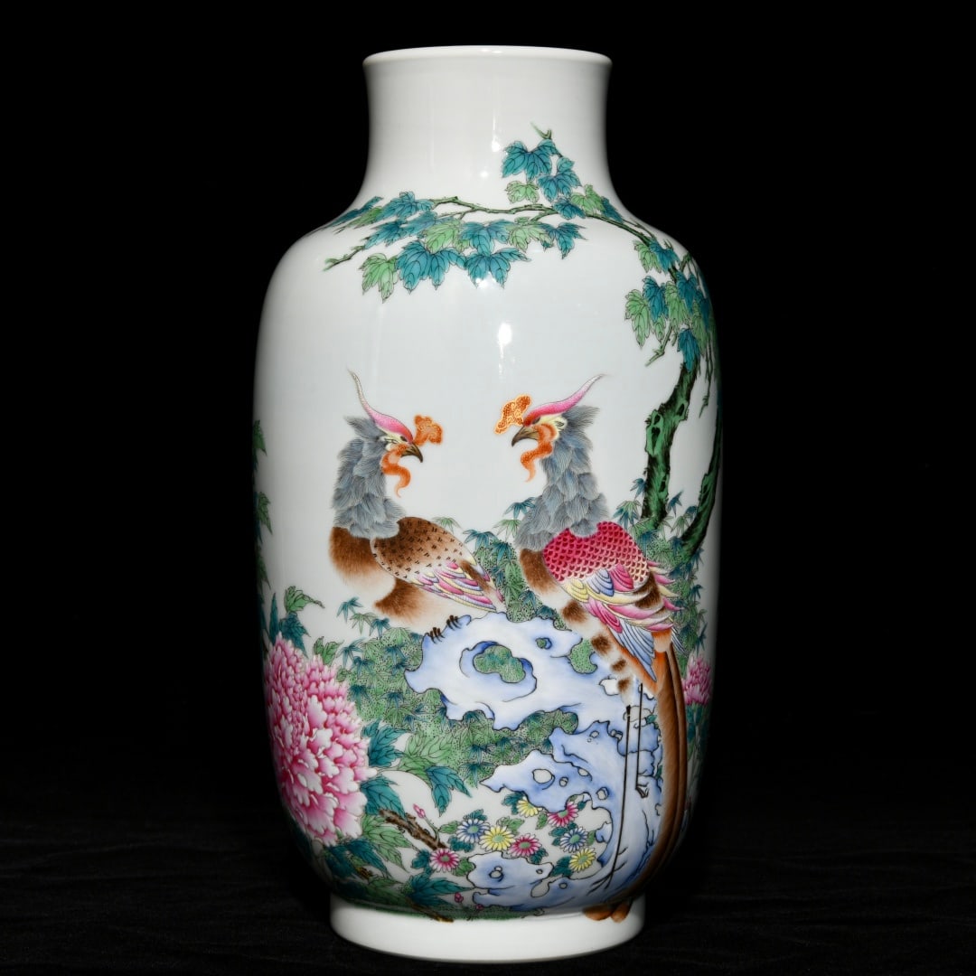 A Rare Famille-Rose Peony and Phoenix Pattern Vase (1 of 9)