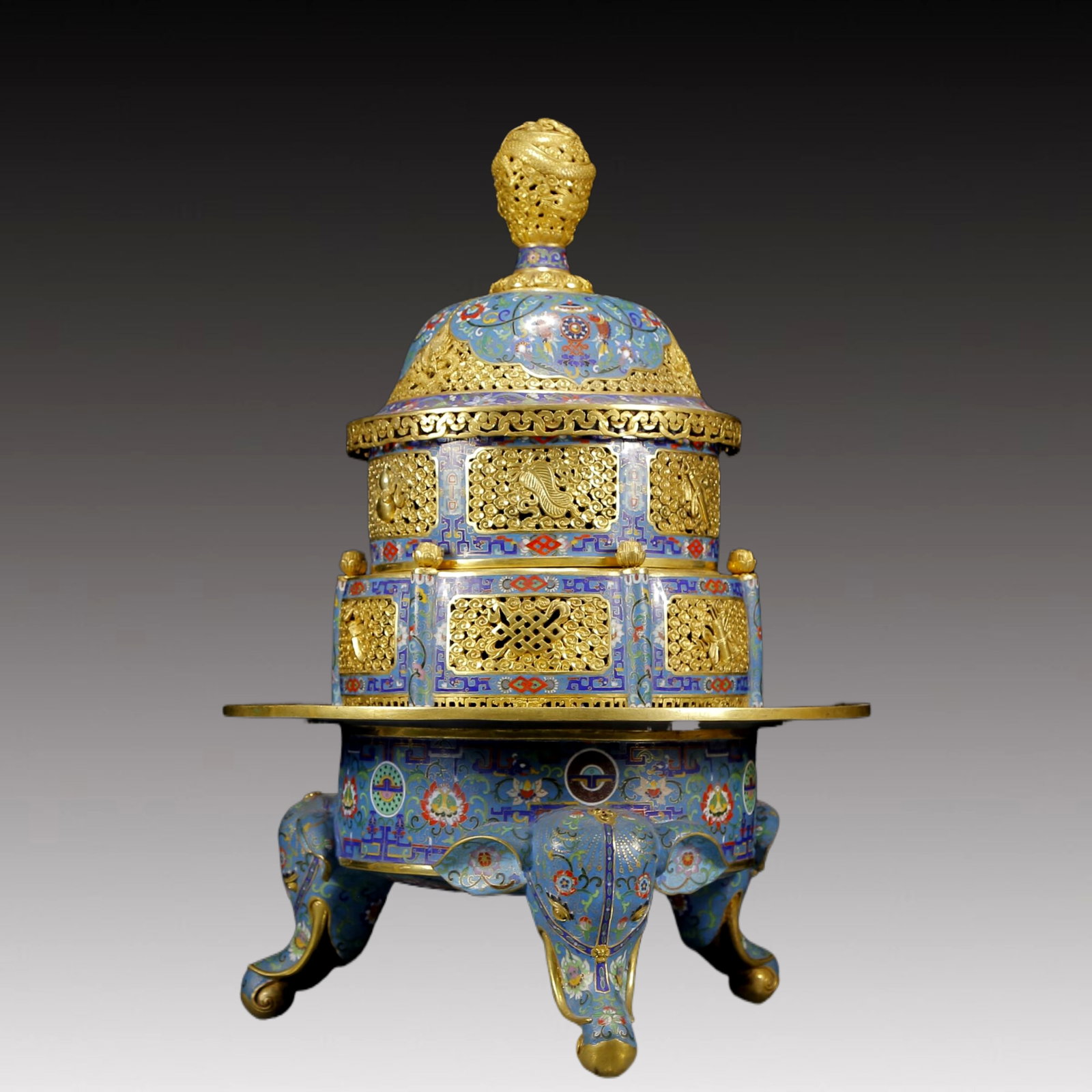 A Huge Cloisonne Hollow Eight Treasures Pattern Elephant-legs Censer: A Huge Cloisonne Hollow Eight Treasures Pattern Elephant-legs Censer,Qing Dynasty, China,Qianlong Four-character Mark,Size:17.3inx24.4in,Weight:42.40kg 