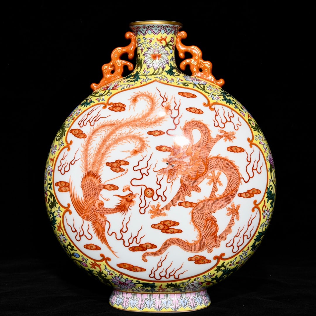 An Exquisite Yellow Ground Famille-Rose Iron-Red Glazed Auspicious Cloud,Dragon and Phoenix Pattern (1 of 9)