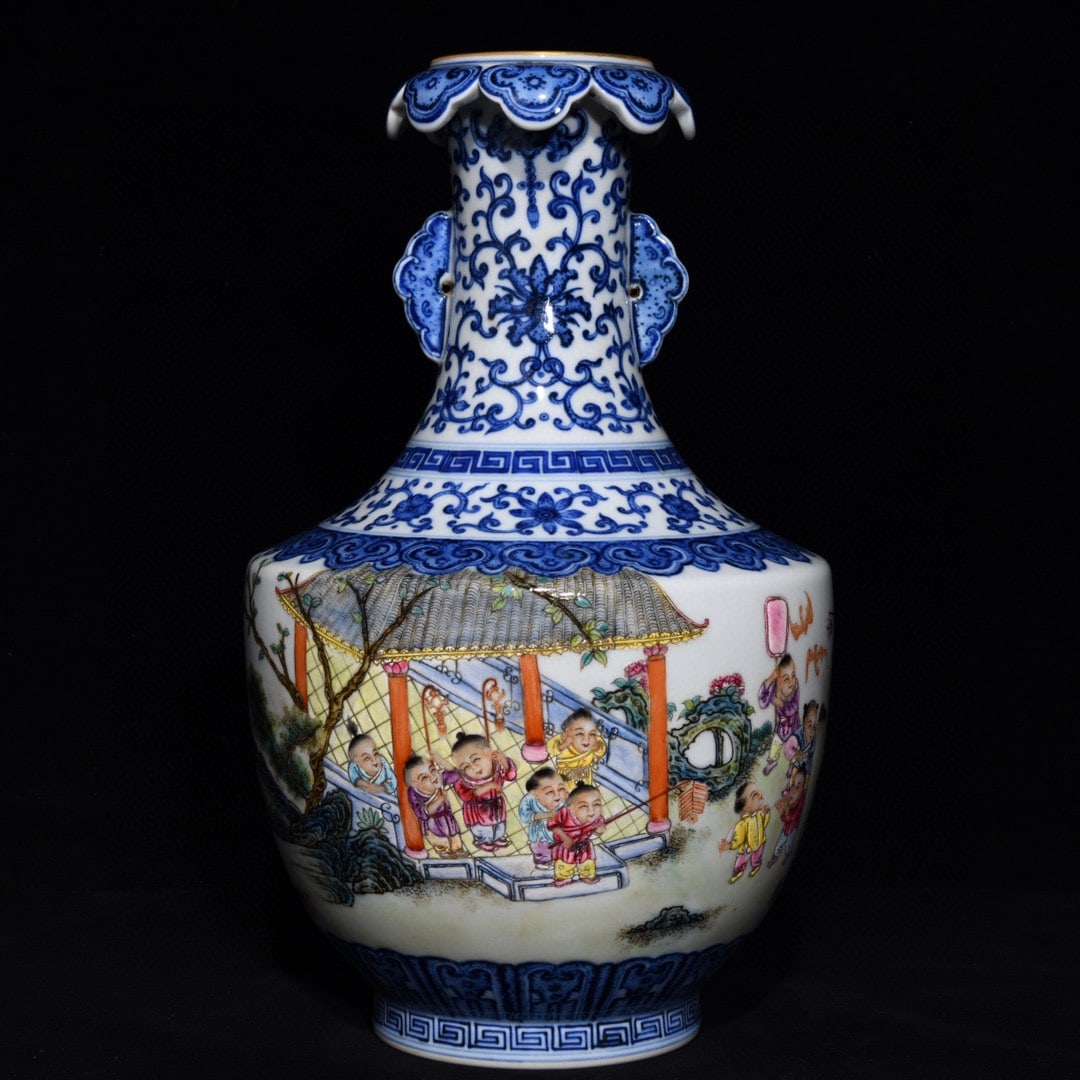 A Rare Blue and White Famille-Rose Character and Story Pattern Double-Ears Vase: A Rare Blue and White Famille-Rose Character and Story Pattern Double-Ears Vase,Qing Dynasty, China,Qianlong Six-character Mark,Size:11.8inx7.1in 青花粉彩人物ਠ