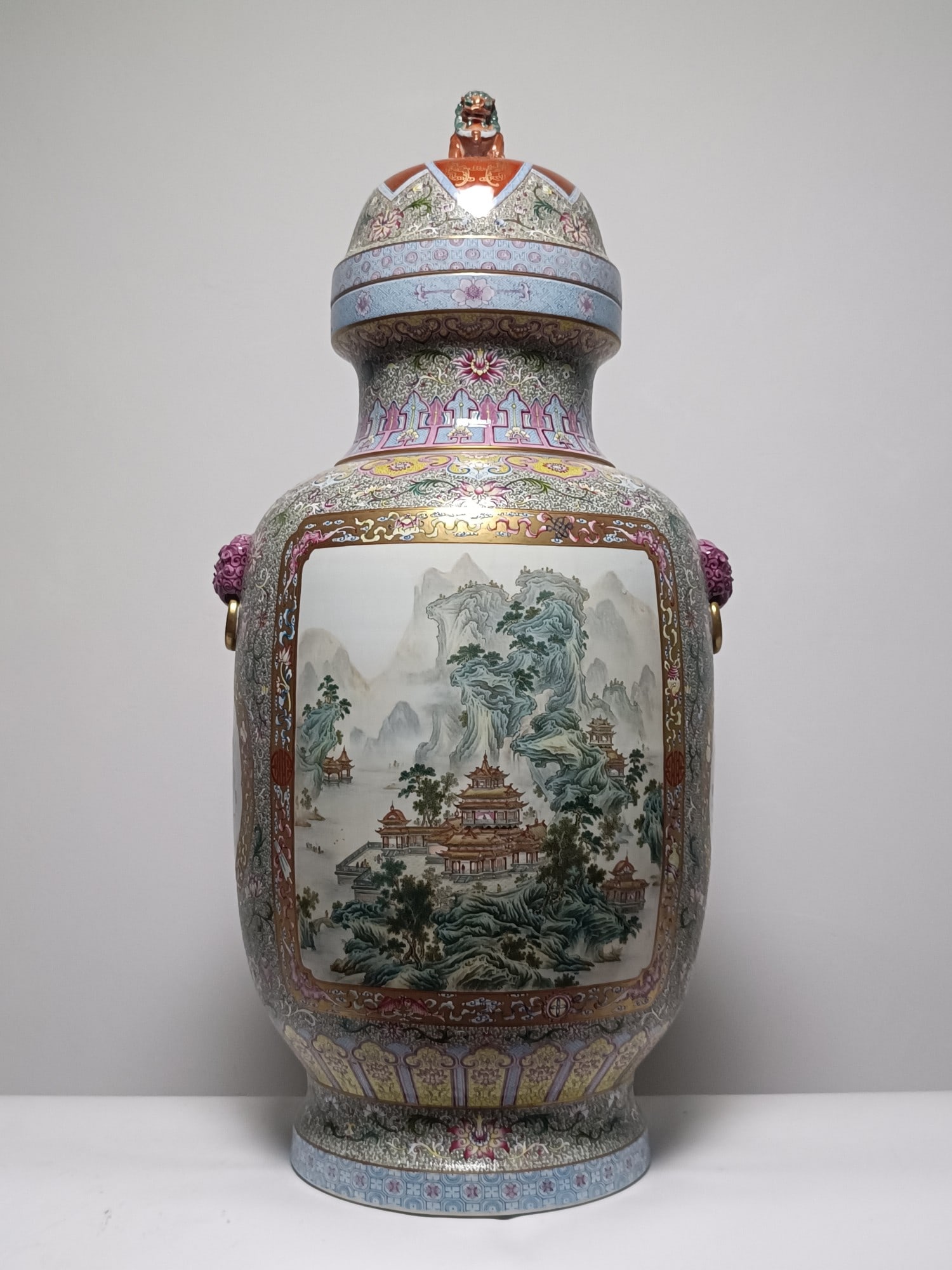 A Huge Enamel Green Ground Painted Gold Lotus and Landscape Pattern Lion-Ears Cover Jar: A Huge Enamel Green Ground Painted Gold Lotus and Landscape Pattern Lion-Ears Cover Jar,Qing Dynasty,China,Qianlong Four-character Mark,Size:37.4inx18.1in 珐琅彩绿地ÿ