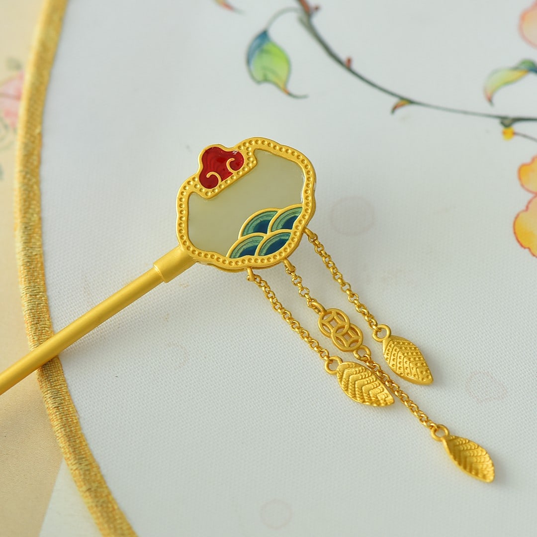 An Exquisite Sterling Silver-Gold Plated Inlaid White Jade Hairpin (1 of 5)