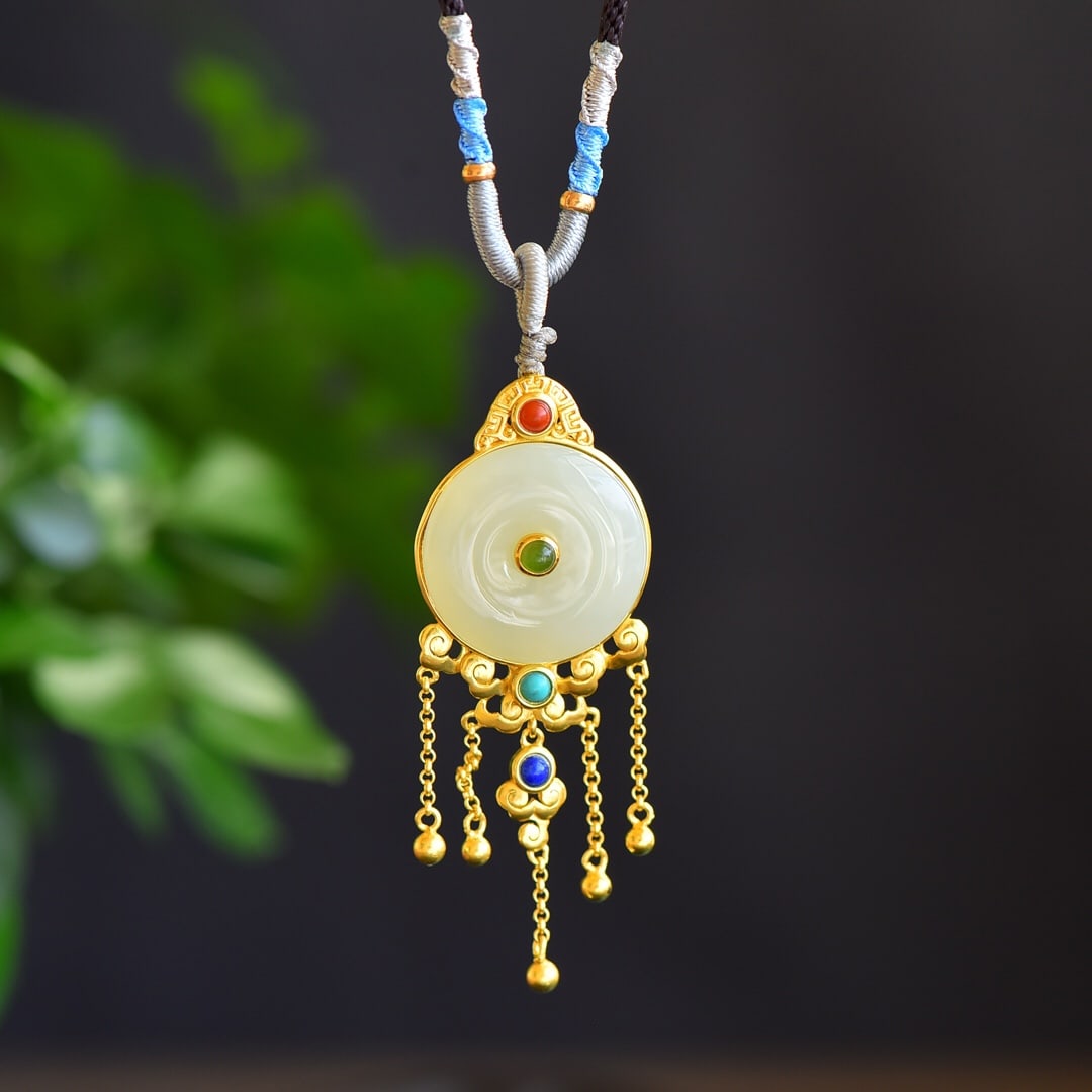 An Exquisite Sterling Silver-Gold Plated Inlaid White Jade Pendant (1 of 5)