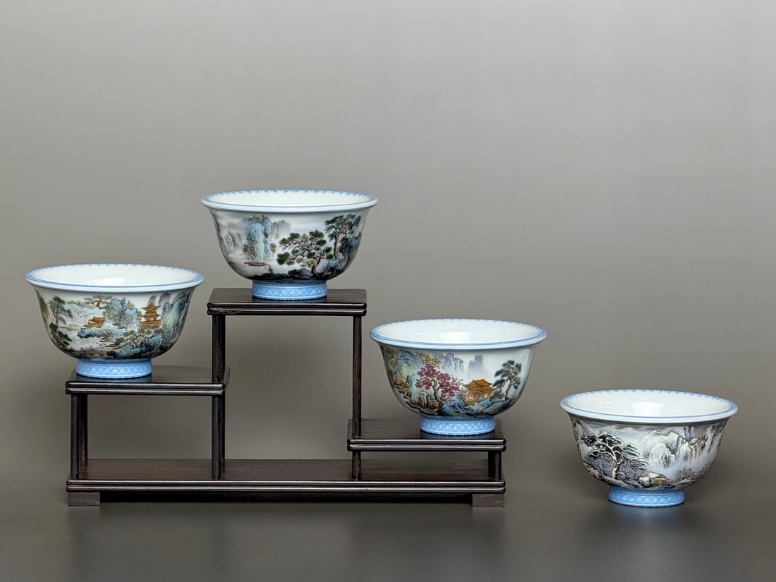 A Set of Exquisite Enamel Landscape Pattern Cups (1 of 9)