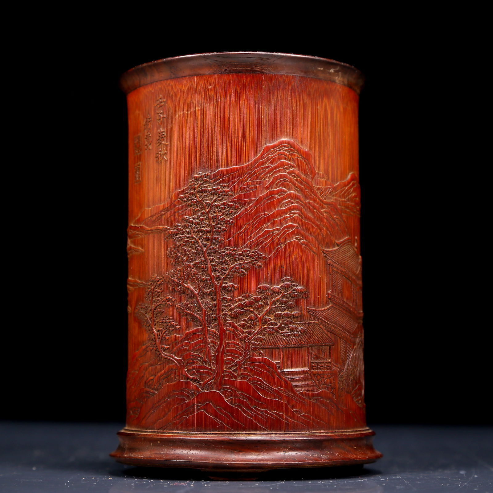 An Exquisite Bamboo Landscape Pattern Brush Pot: An Exquisite Bamboo Landscape Pattern Brush Pot,Qing Dynasty, China,Size:3.5inx5.7in,Weight:295g 竹雕山水纹笔筒，清代