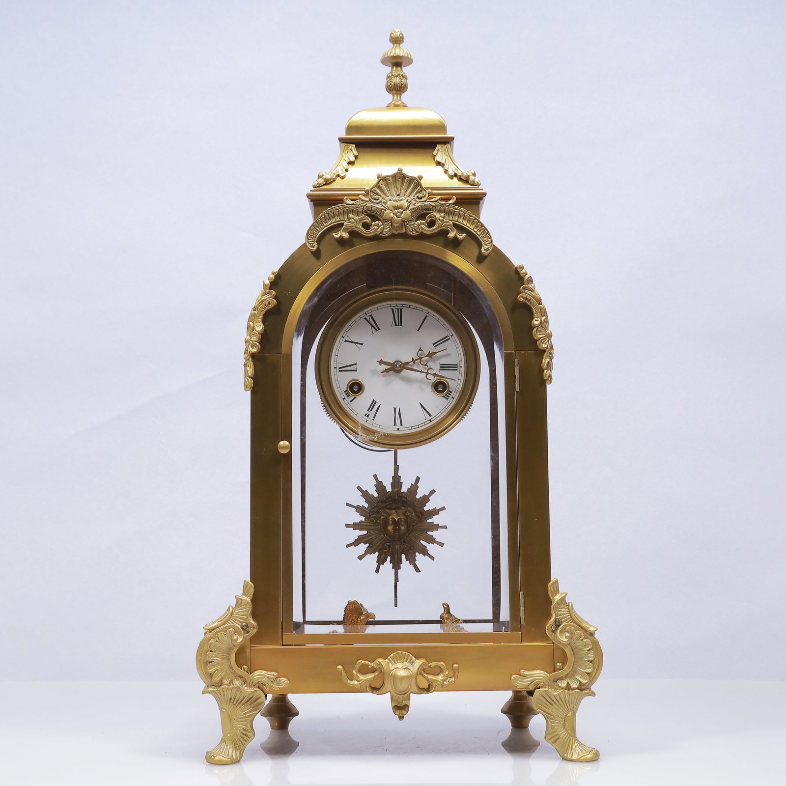 An Exquisite Gilt Bronze Flower Pattern Table Clock Ornament: An Exquisite Gilt Bronze Flower Pattern Table Clock Ornament,17th Century,Size:12.2inx7.1inx23.6in,Weight:10050g 铜鎏金花卉纹座钟摆件,17