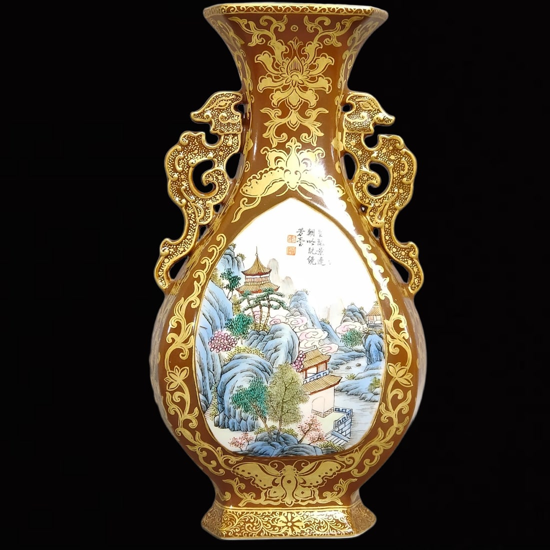 An Exquisite Purple and Gold Glazed Painted Gold Landscape Pattern Double-Ears Vase: An Exquisite Purple and Gold Glazed Painted Gold Landscape Pattern Double-Ears Vase,Qing Dynasty,China,Qianlong Six-Character Mark,Size:8.2inx4.3in 紫金釉描金山