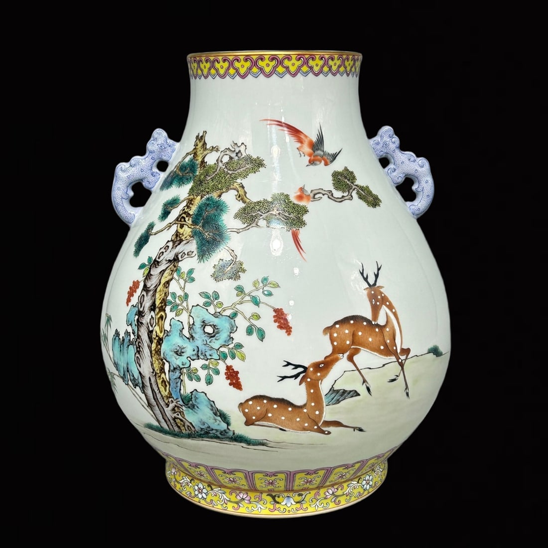 An Exquisite Famille-Rose Pine and Deer Pattern Double-Ears Jar: An Exquisite Famille-Rose Pine and Deer Pattern Double-Ears Jar,Qing Dynasty,China,Yongzheng Six-character Mark,Size:12.4inx9.8in 粉彩松鹿纹双耳罐,È