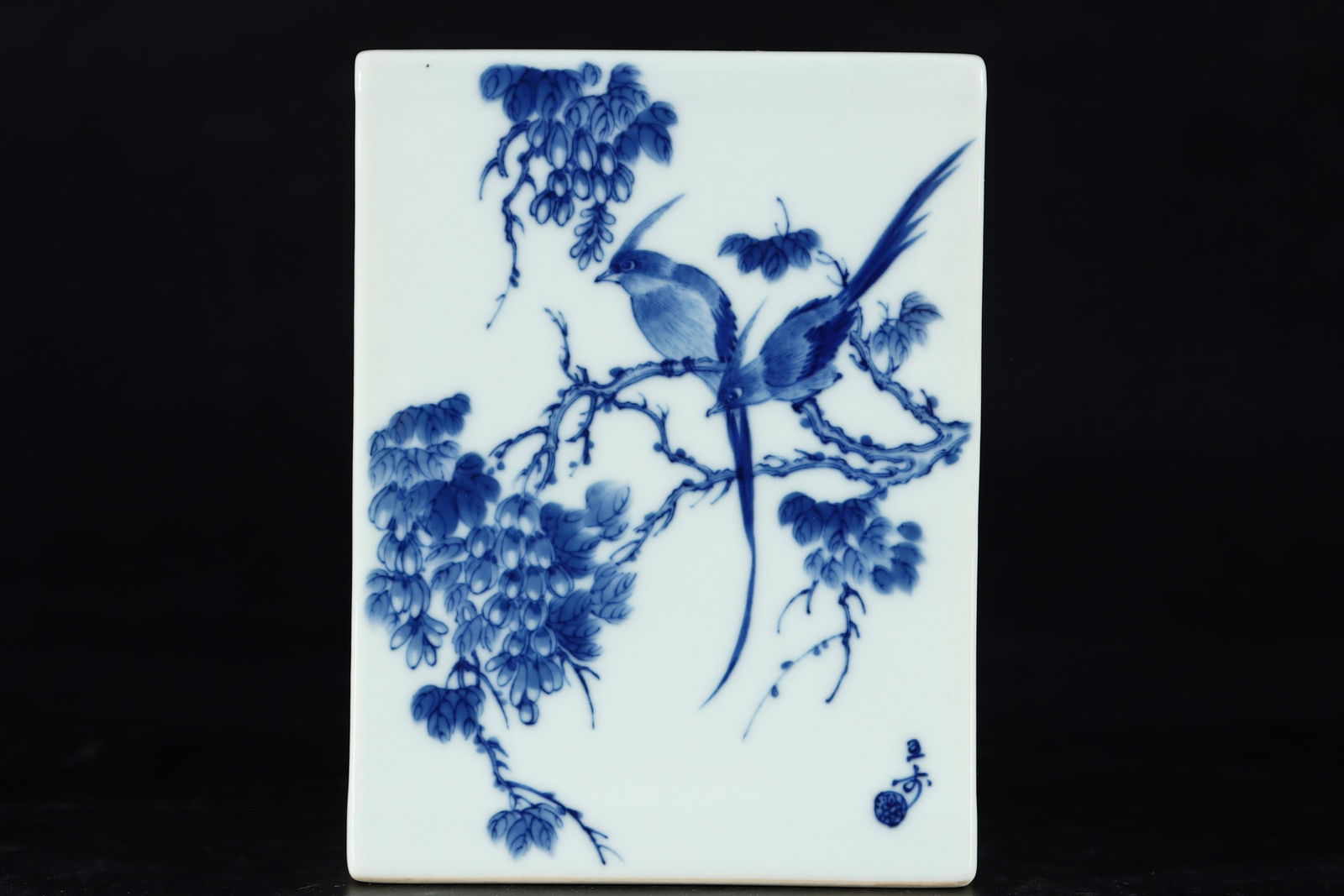 An Exquisite Blue and White Flower and Bird Pattern Brush Pot,with poem: An Exquisite Blue and White Flower and Bird Pattern Brush Pot,with poem,the Republic of China,With Mark,Size:6.1inx4.6in 青花花鸟纹笔筒,带诗ਧ