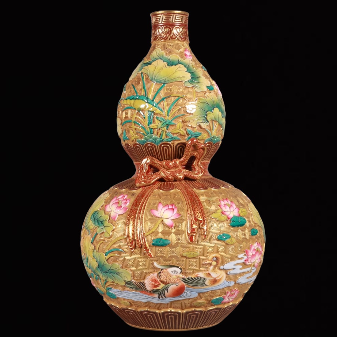 An Exquisite Enamel Gold Ground Flower and Mandarin Duck Pattern Double-Ears and Tripod Gourd-Shaped: An Exquisite Enamel Gold Ground Flower and Mandarin Duck Pattern Double-Ears and Tripod Gourd-Shaped Vase,Qing Dynasty, China,Qianlong Six-character Mark,Size:9.4inx5.5in 珐琅彩ŵ