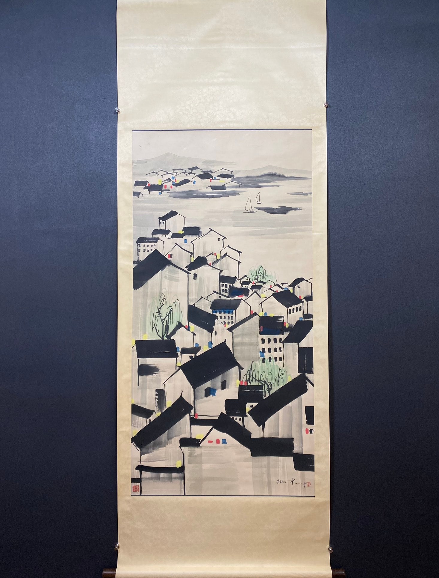 A Chinese Vertical Scroll Ink Painting of Landscape on Paper: A Chinese Vertical Scroll Ink Painting of Landscape on Paper,Wu Guanzhong,Size:53.5inx26.8in 一幅中国水墨山水画立轴,吴冠&#