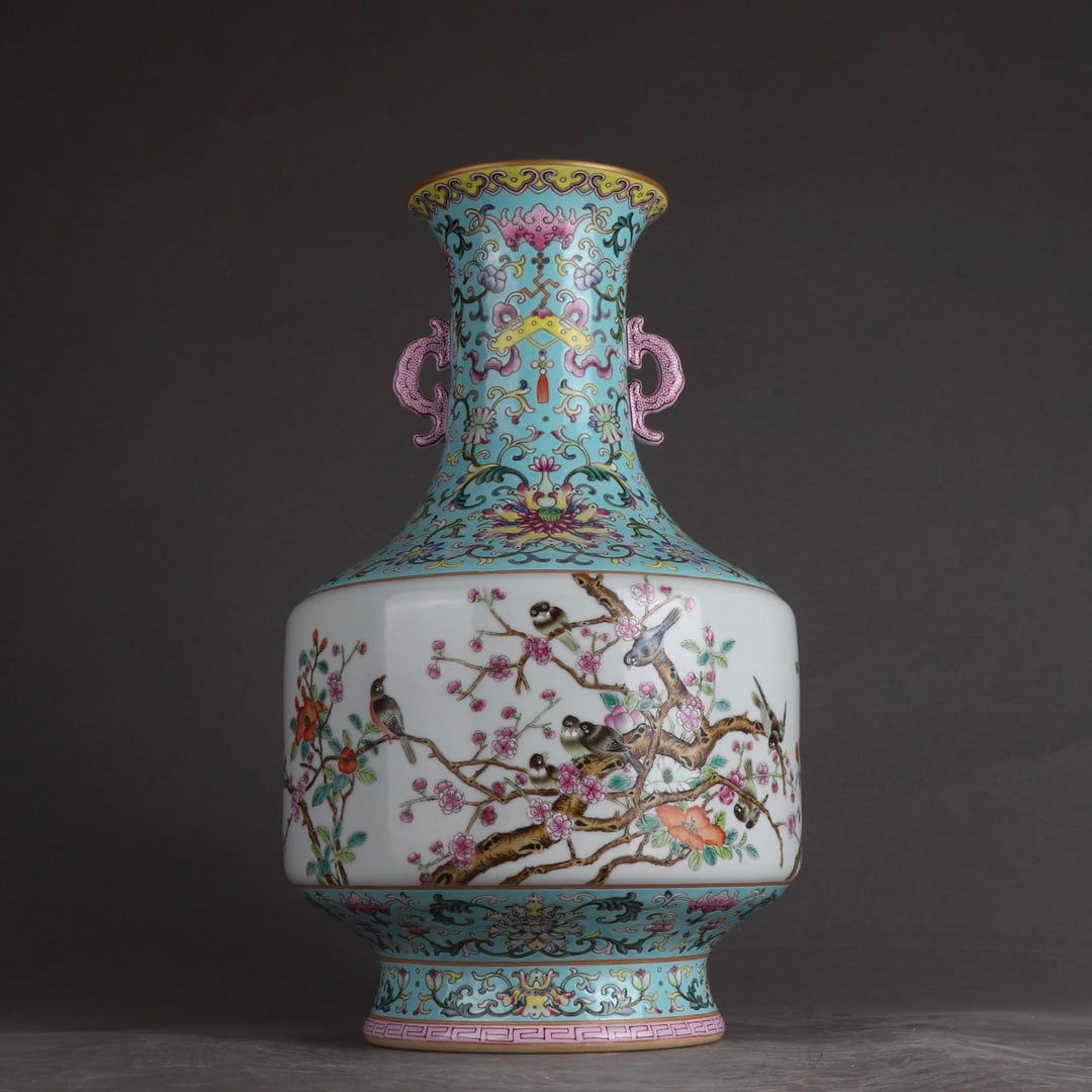 An Exquisite Green Ground Famille-Rose Flower and Bird Pattern Double-Ears Vase: An Exquisite Green Ground Famille-Rose Flower and Bird Pattern Double-Ears Vase,Qing Dynasty,China,Qianlong Six-character Mark,Size:14.8inx8.9in 绿地粉彩花鸟纹