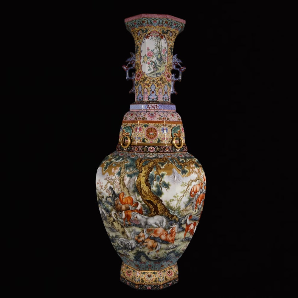 An Exquisite Enamel Gold Ground Pine and Horse Pattern Double-Ears Vase: An Exquisite Enamel Gold Ground Pine and Horse Pattern Double-Ears Vase,Qing Dynasty,China,Qianlong Four-character Mark,Size:36.6inx8.3in 珐琅彩金地松马ಬ