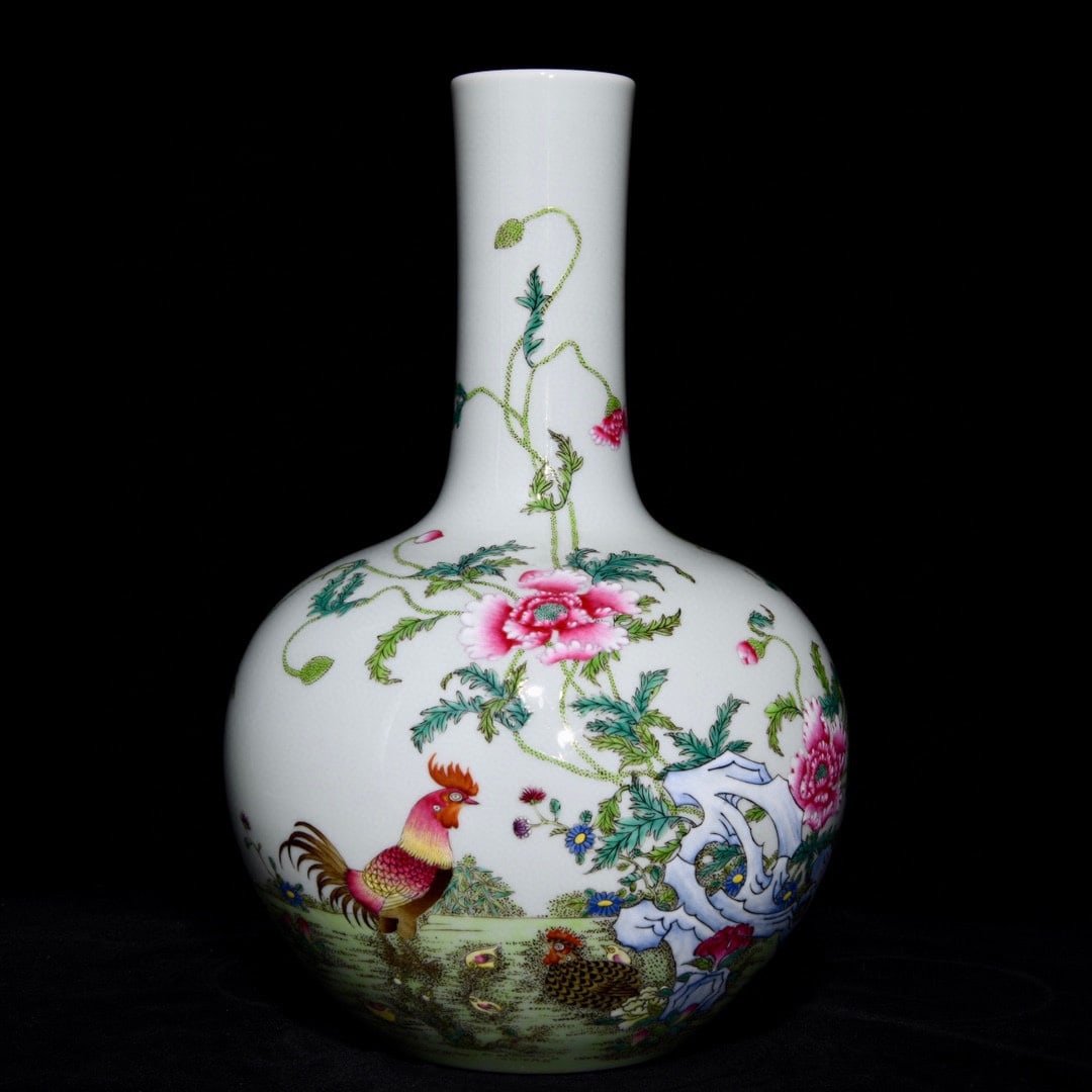 A Rare Famille-Rose Flower and Rooster Pattern Vase,with Poem: A Rare Famille-Rose Flower and Rooster Pattern Vase,with Poem,Qing Dynasty,China,Qianlong Six-Character Mark,Size:11.8inx7.9in 粉彩花卉鸡纹瓶,带诗