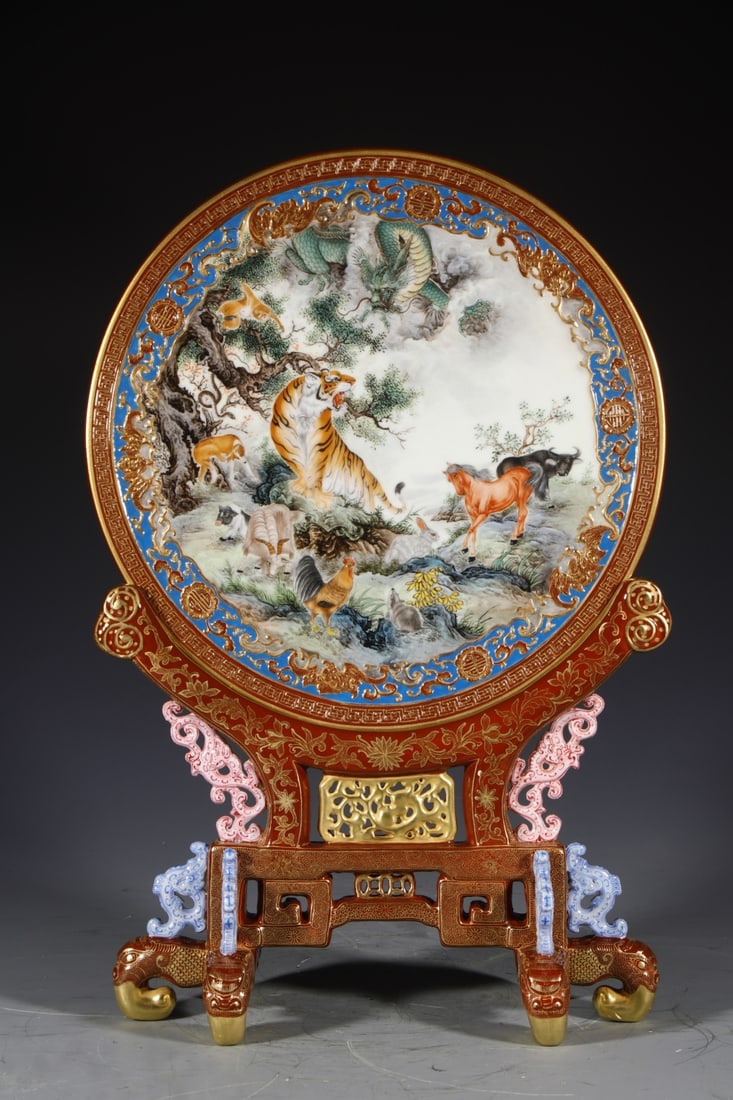 An Exquisite Enamel Painted Gold the Twelve Chinese Zodiac Signs Pattern Screen,with poem: An Exquisite Enamel Painted Gold the Twelve Chinese Zodiac Signs Pattern Screen,with poem,Qing Dynasty,China,Qianlong Six-character Mark,Size:18.1inx12in 珐琅彩描金ࡓ