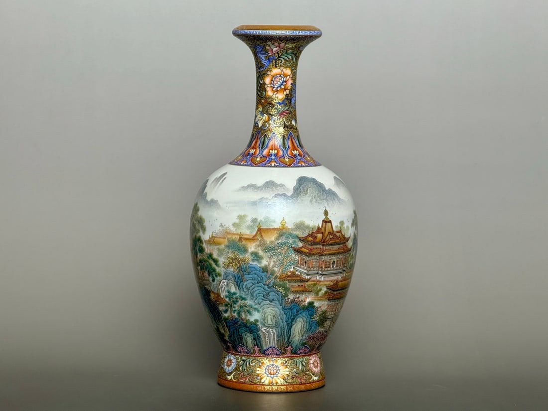 An Exquisite Gold Ground Enamel Landscape Pattern Vase (1 of 8)