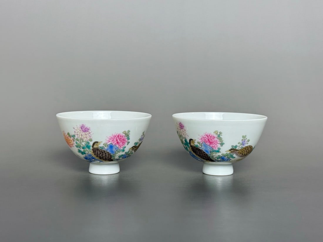 A Pair of Exquisite Famille-Rose Flower and Bird Pattern Cups,with poem: A Pair of Exquisite Famille-Rose Flower and Bird Pattern Cups,with poem,Qing Dynasty,China,Yongzheng Six-character Mark,Size:2.9inx1.8in 一对粉彩花鸟纹杯