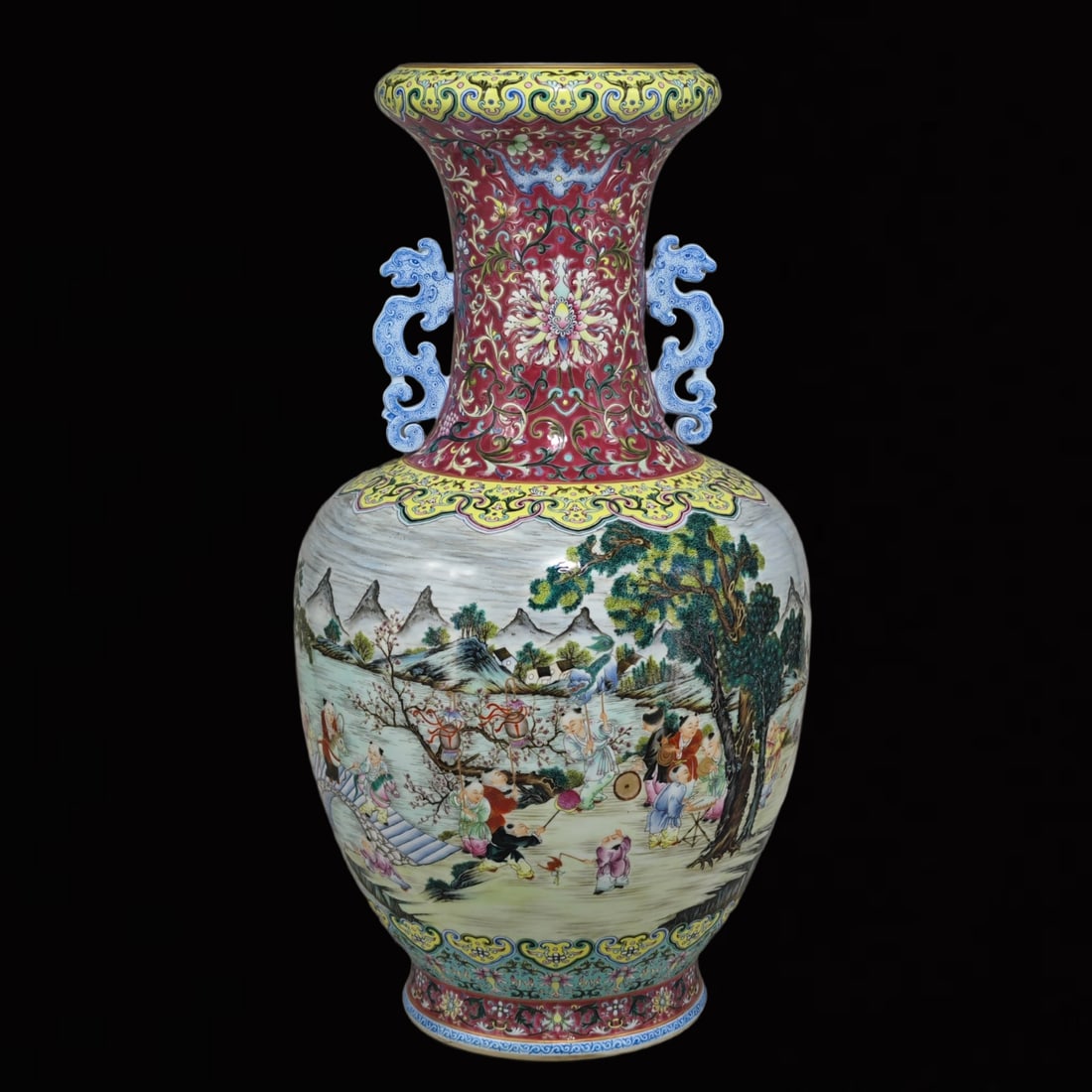 An Exquisite Famille-Rose Ruby Red-Glazed Character and Story Pattern Double-Ears Vase: An Exquisite Famille-Rose Ruby Red-Glazed Character and Story Pattern Double-Ears Vase,Qing Dynasty,China,Qianlong Six-character Mark,Size:25.4inx13.4in 粉彩胭脂红人