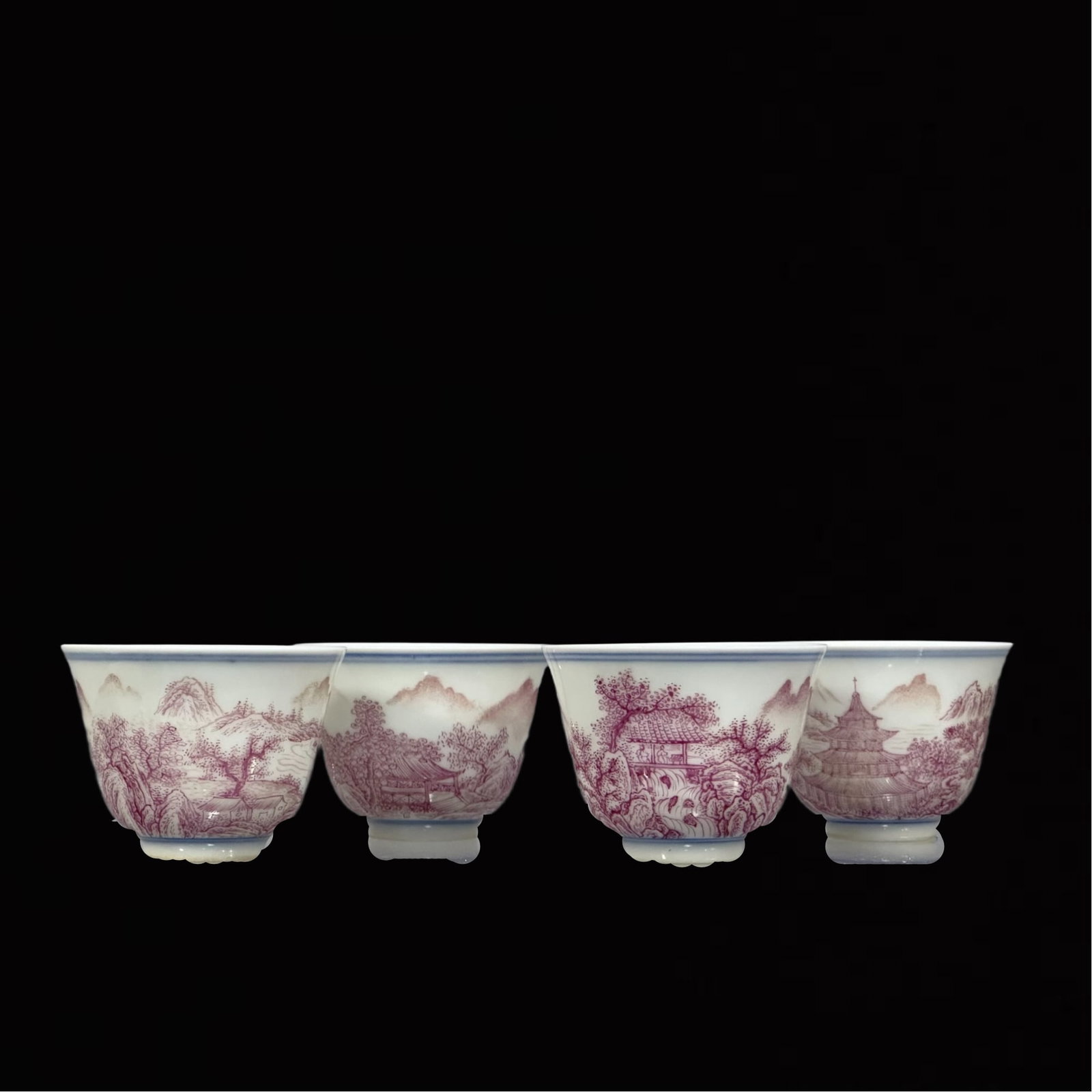 A Set of Fine Ruby Red Glazed Landscape Pattern Cups: A Set of Fine Ruby Red Glazed Landscape Pattern Cups,Qing Dynasty,China,Yongzheng Six-Character Mark,Size:1.4inx1.9in 一套胭脂红釉山水纹杯,&